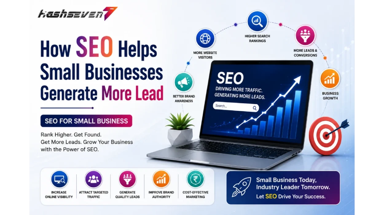 Seo for small business infographic showing how search engine optimization improves google rankings, increases organic traffic, and generates more business leads in 2026.