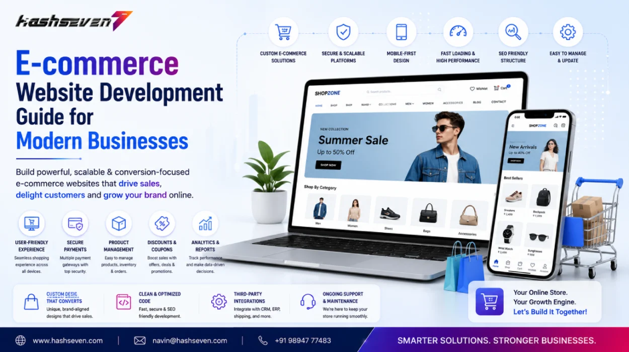 Ecommerce website development showing a modern online store with secure payment gateway, mobile-responsive design, shopping cart, and product management dashboard.