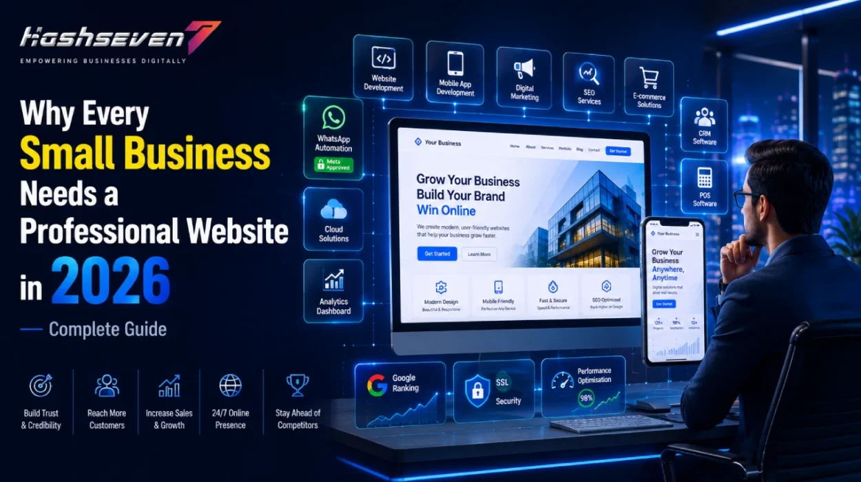 Professional website for small business in 2026 showing a modern business website with seo, digital marketing, ecommerce, mobile app development, crm, cloud solutions, analytics, and online branding services.
