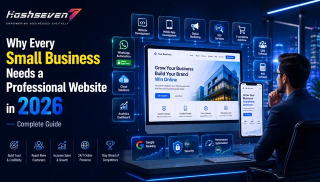 Professional website for small business in 2026 showing a modern business website with seo, digital marketing, ecommerce, mobile app development, crm, cloud solutions, analytics, and online branding services.