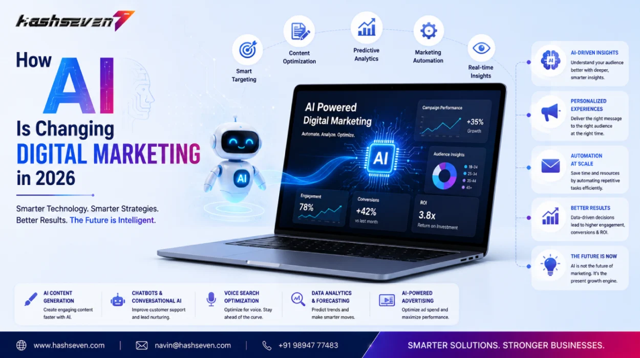 How Ai Is Changing Digital Marketing In 2026 Ai in digital marketing dashboard showing seo analytics, ai chatbot, marketing automation, customer insights, content optimization, and advertising performance.