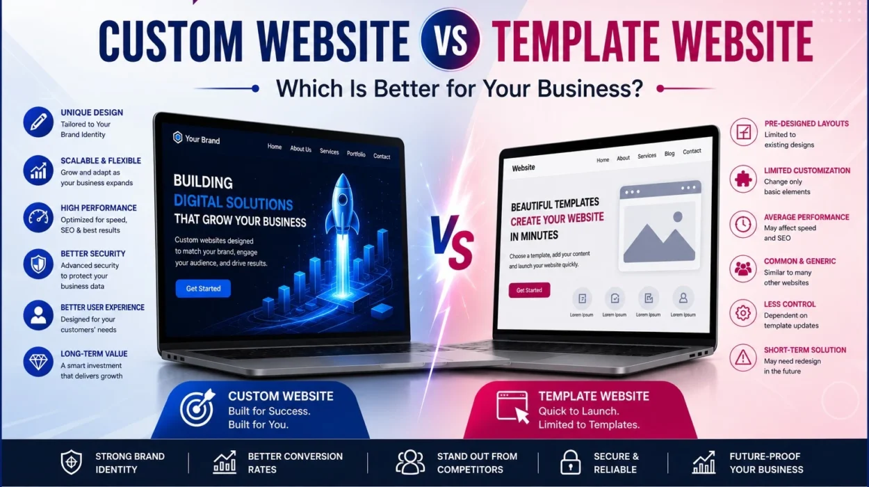 Custom website vs template website infographic comparing design, seo, performance, and business growth benefits.