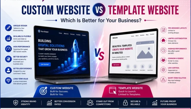 Custom website vs template website infographic comparing design, seo, performance, and business growth benefits.