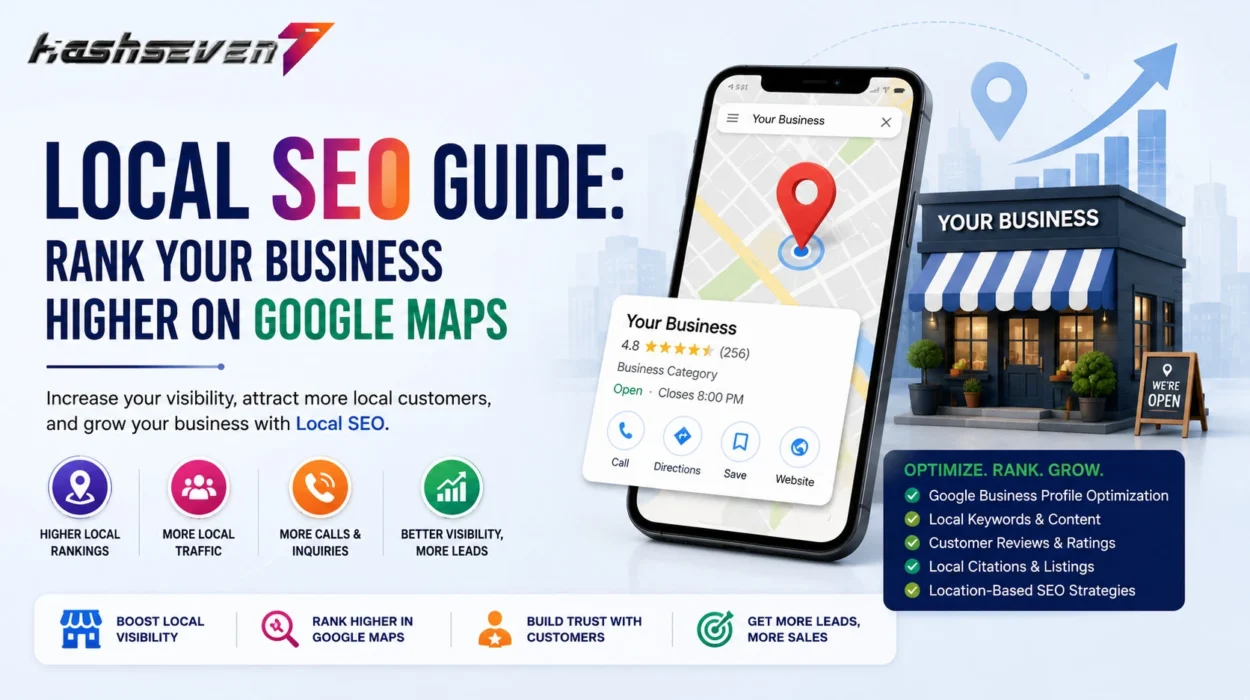Local seo service guide showing how to rank your business higher on google maps with google business profile optimization, local citations, customer reviews, and local search strategies.