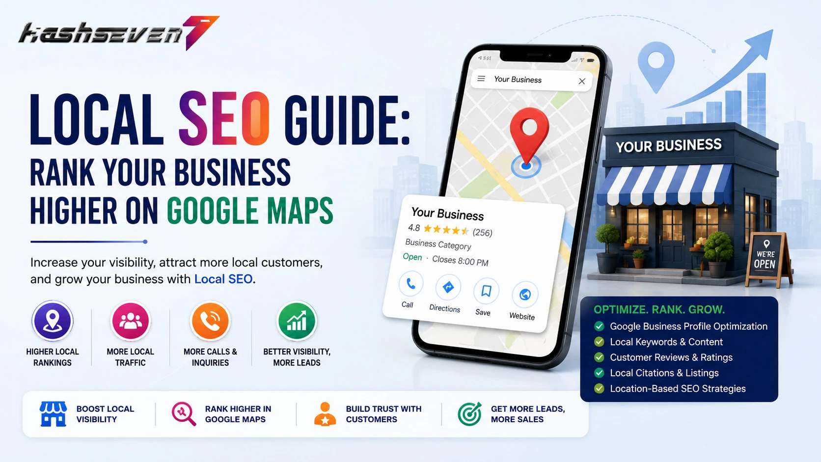 Local seo service guide showing how to rank your business higher on google maps with google business profile optimization, local citations, customer reviews, and local search strategies.