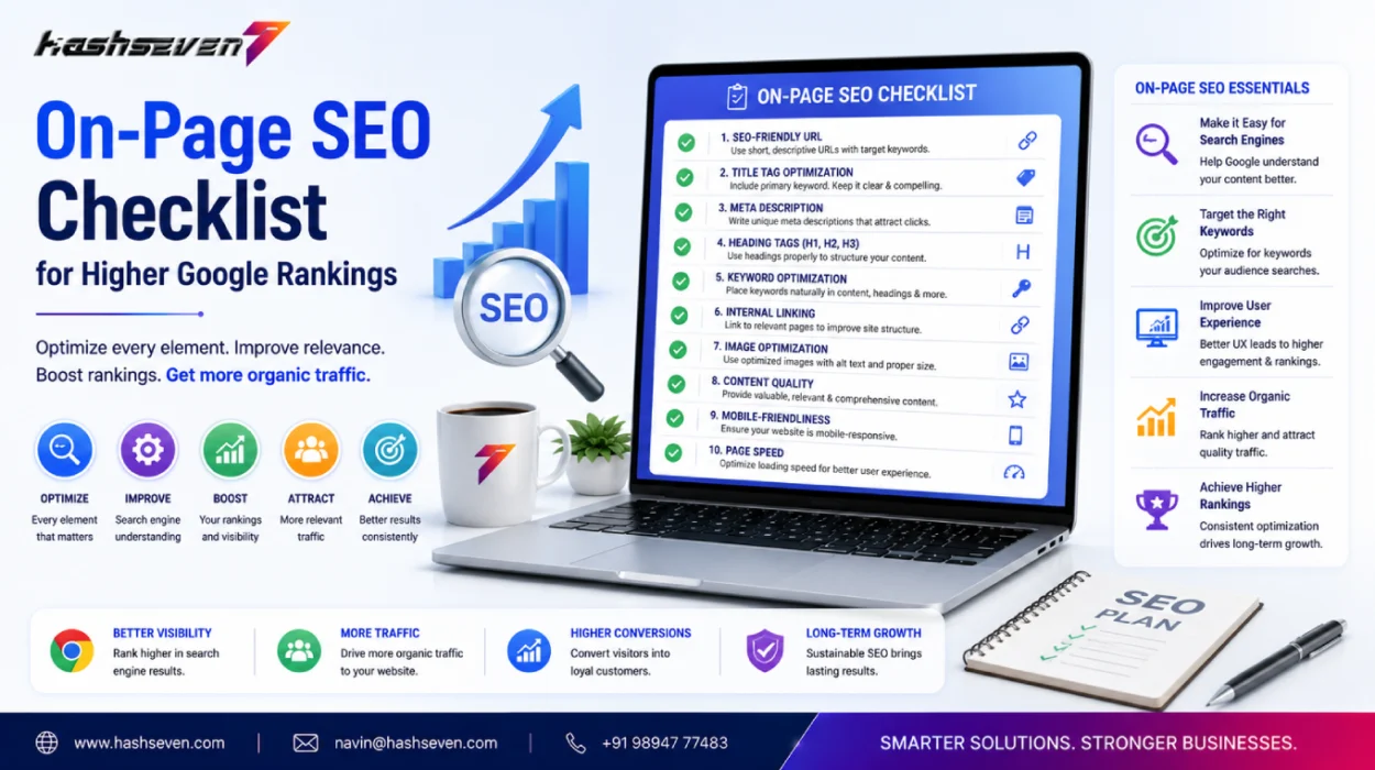 On Page Seo Checklist For Higher Google Rankings On-page seo checklist showing keyword optimization, meta tags, internal linking, image seo, website speed optimization, and google ranking factors.