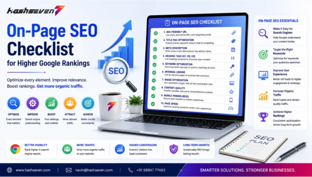 On-page seo checklist showing keyword optimization, meta tags, internal linking, image seo, website speed optimization, and google ranking factors.