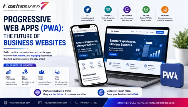 Progressive web app development for business websites with offline access, responsive design, push notifications, and app-like performance.