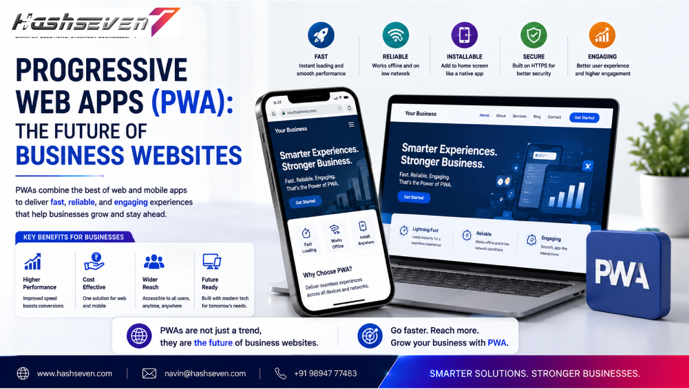 Progressive web app development for business websites with offline access, responsive design, push notifications, and app-like performance.
