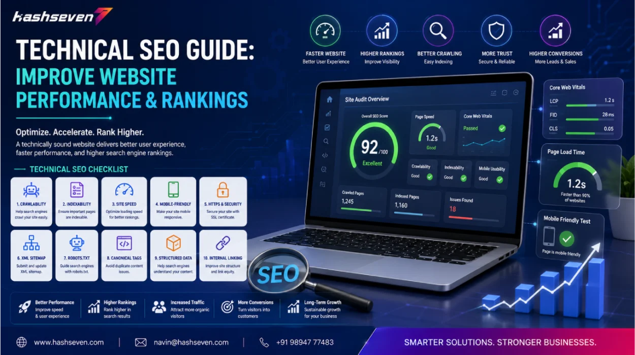 Technical seo services dashboard showing core web vitals, website speed optimization, xml sitemap, crawlability, indexability, schema markup, and website performance improvements.