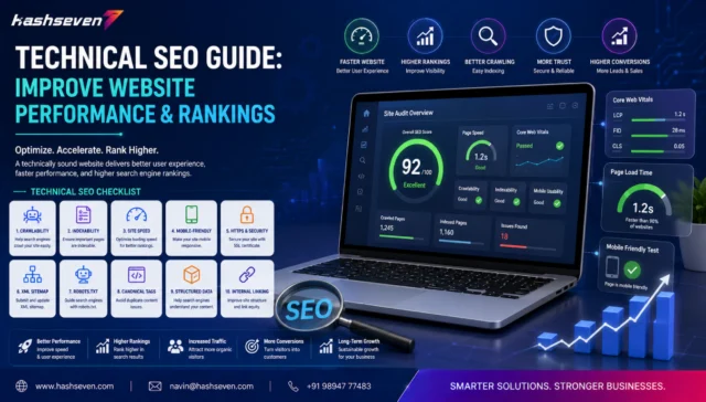 Technical seo services dashboard showing core web vitals, website speed optimization, xml sitemap, crawlability, indexability, schema markup, and website performance improvements.