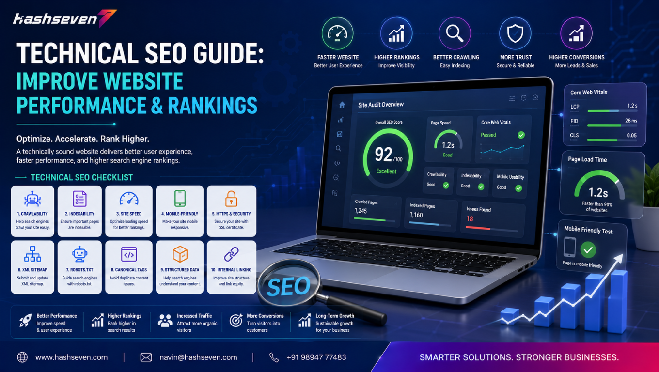 Technical seo services dashboard showing core web vitals, website speed optimization, xml sitemap, crawlability, indexability, schema markup, and website performance improvements.