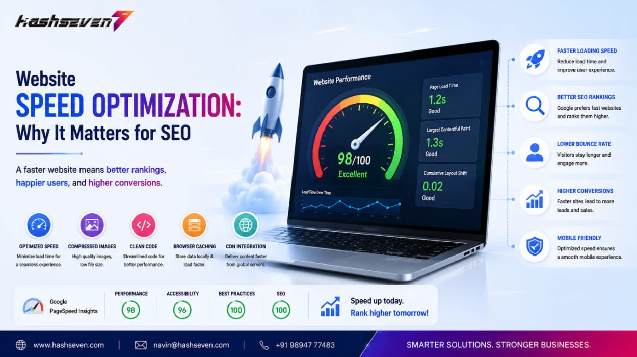 Website speed optimization dashboard showing core web vitals, fast loading pages, image optimization, cdn integration, and website performance analytics.
