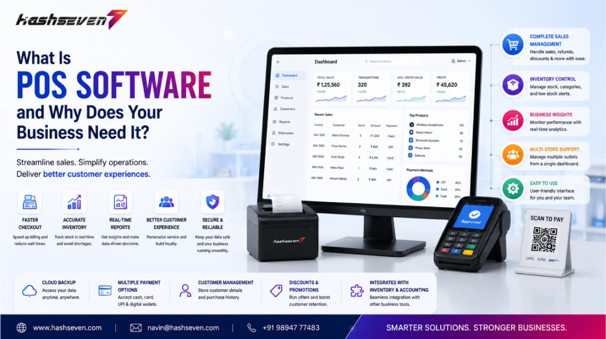 Pos software dashboard showing billing, inventory management, sales reporting, barcode scanning, and customer management for modern businesses.