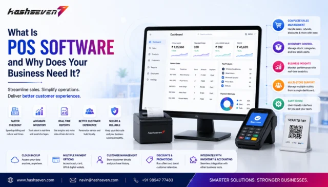 Pos Pos software dashboard showing billing, inventory management, sales reporting, barcode scanning, and customer management for modern businesses.