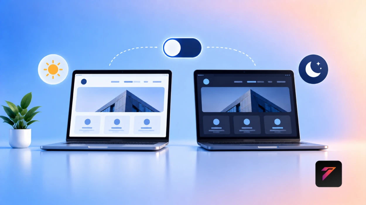 dark mode website design interface on desktop and mobile devices